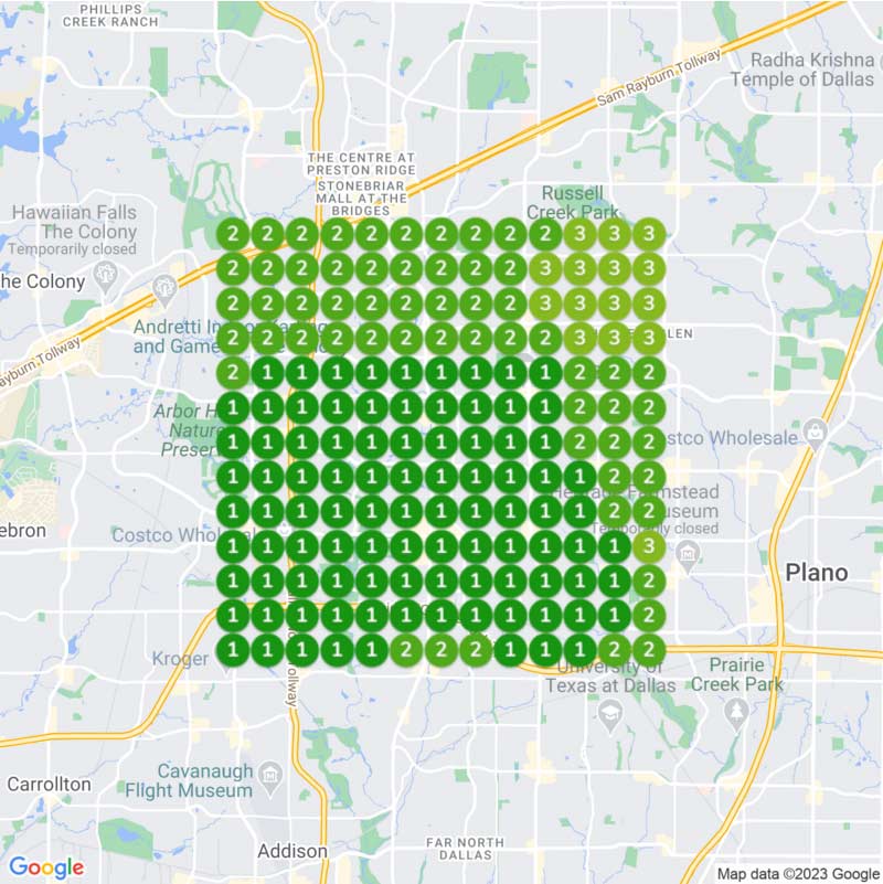 Geo-grid map ranking view across Plano service area showing top-3 local ranking zones