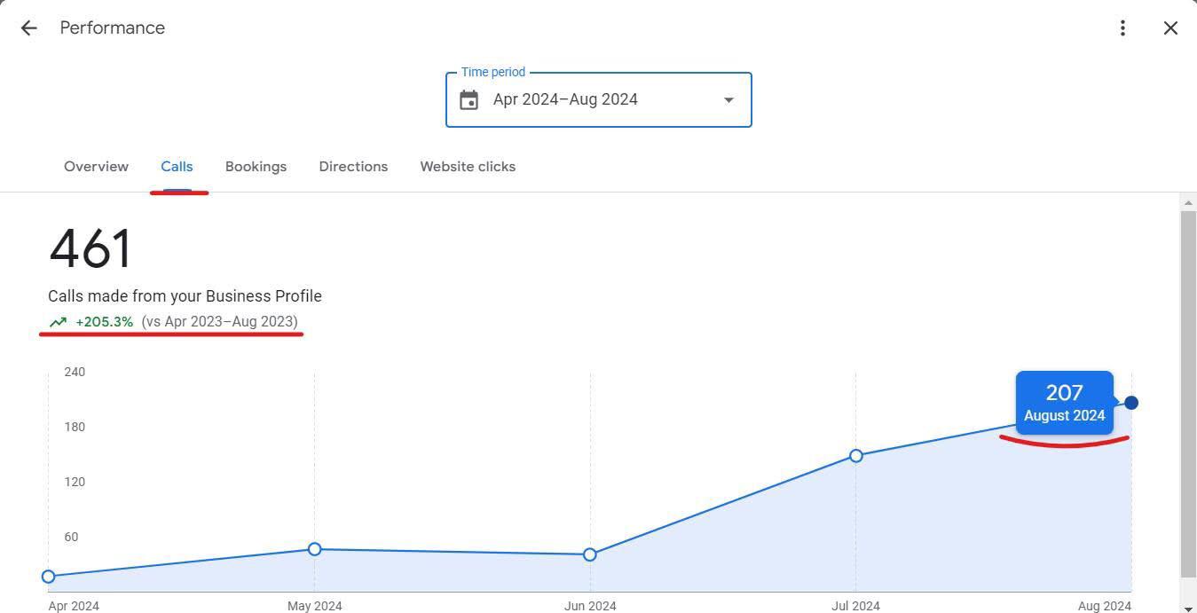Google Business Profile performance showing 461 calls with +205.3% year-over-year growth