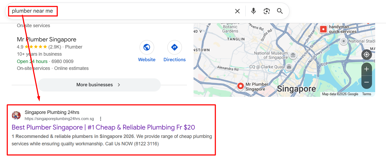 Google Maps 3-pack result and organic #1 ranking for the local search query 'plumber near me' in Singapore